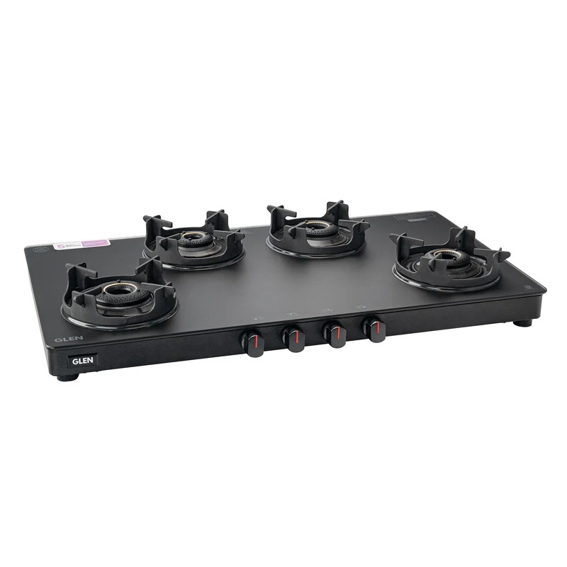 Glen Premium LPG Gas Stove 4 Burner | 1 Jumbo Brass Burner | 5 Years Warranty | Manual Ignition | Matt Finish | 360° Revolving Nozzle | LPG & PNG Compatible | 1044SLCPBLMG